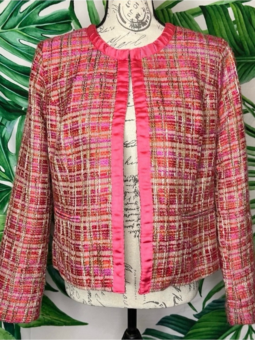 Chico’s M/8 Pink Tan Plaid Tweed Spring Colorful Church Work Suit Jacket